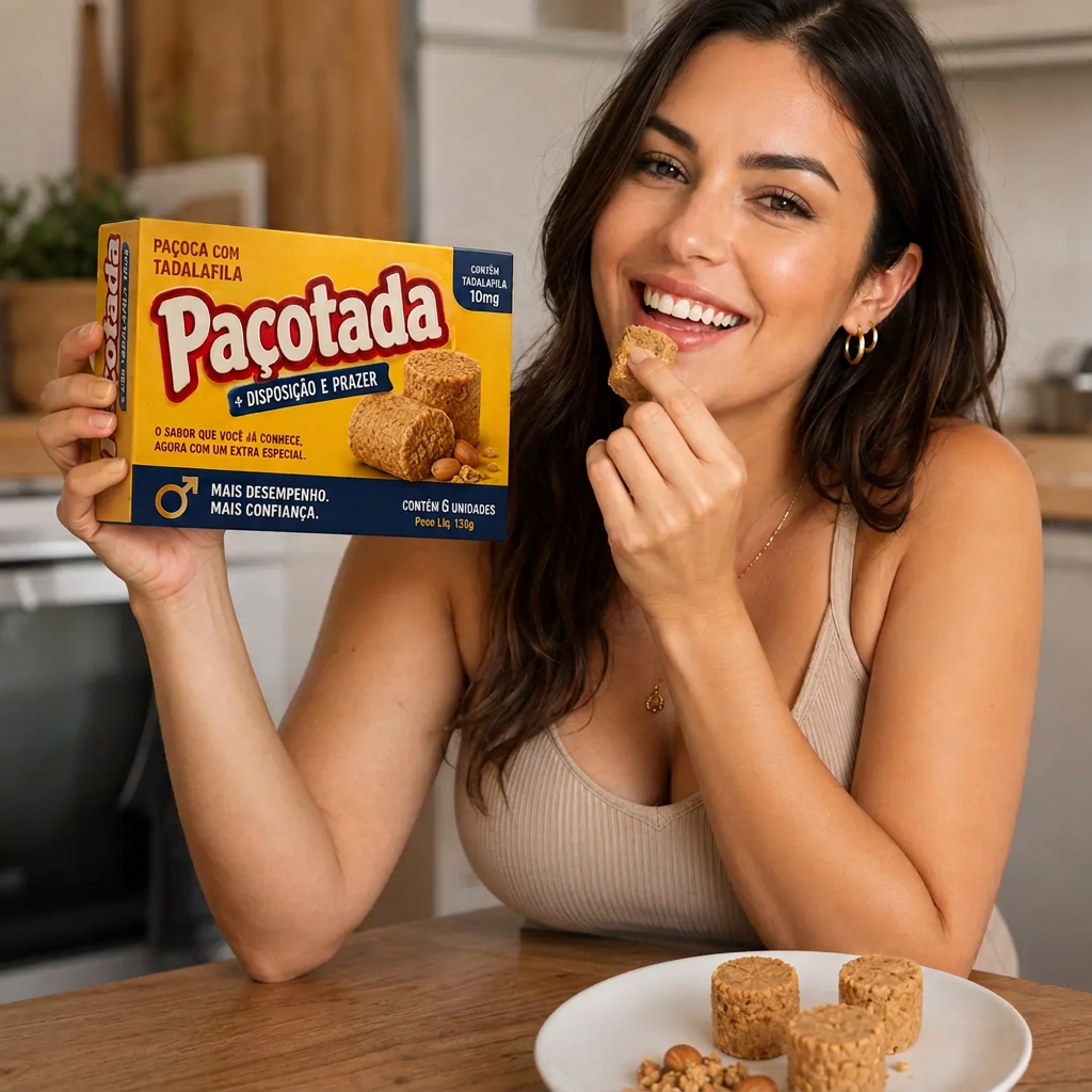 Mulher adulta segurando a caixa da Paçotada