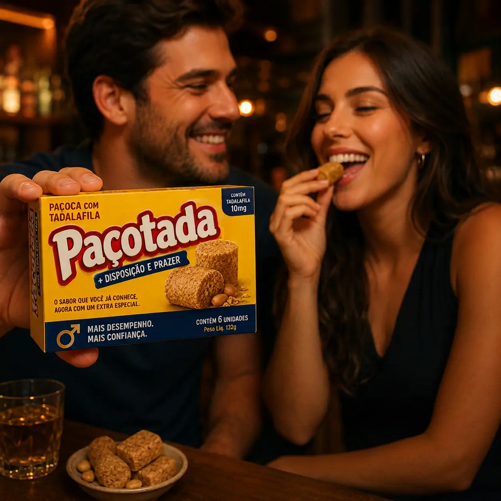 Casal adulto com a caixa da Paçotada