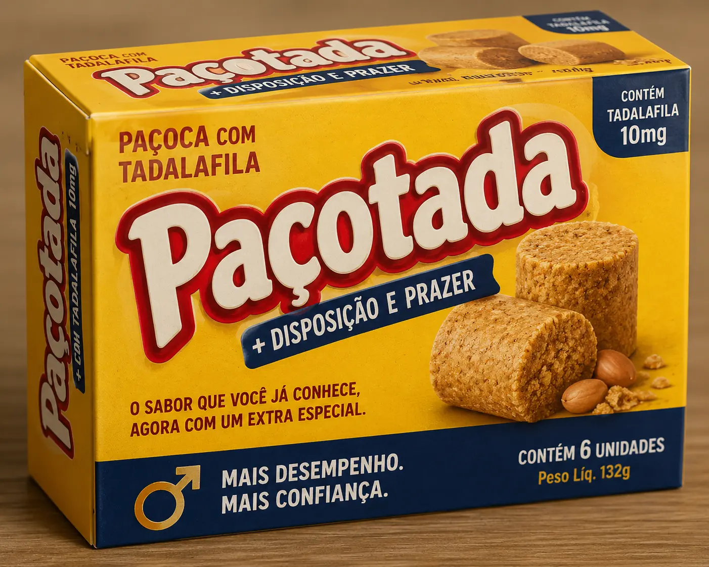 Mockup da caixa amarela da Paçotada com detalhes azul-marinho