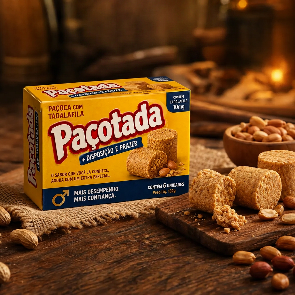 Caixa da Paçotada vista de lado com paçocas e amendoins